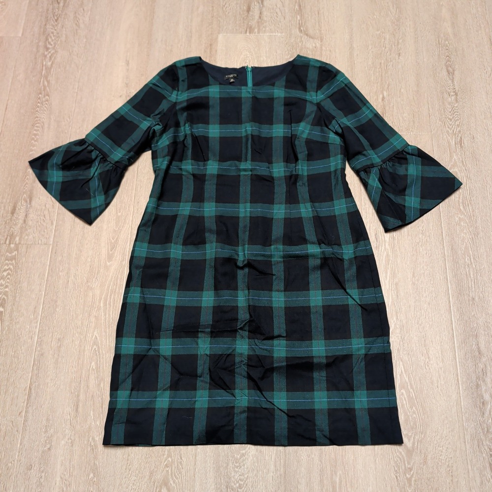 Talbots Plaid Sheath Dress Womens 16P Green Black Excellent Bell Sleeve Lined